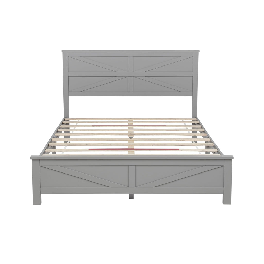 Rustic Platform Bed Frame with Barn Door Design Headboard and Footboard, Pine Wood Bed with Wooden Slats