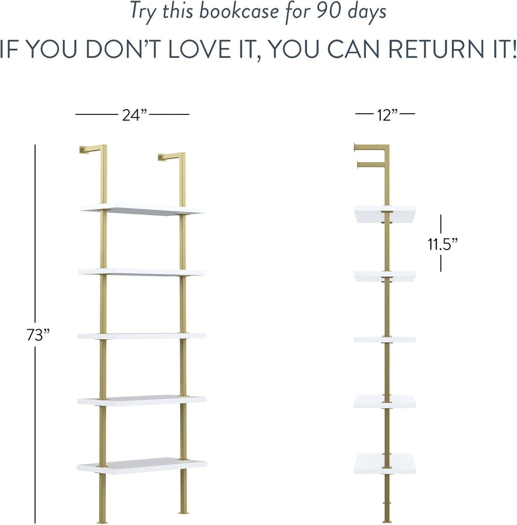 Theo 5-Shelf Gold, Ladder Bookcase with Gold/Brass Metal Frame, White, Set of 2