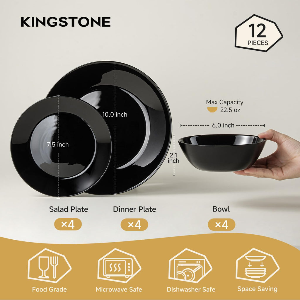 12-Piece Plates and Bowls Set, Glass Dinnerware Sets for 4