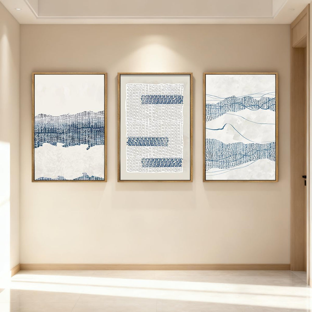 Large Blue Abstract Canvas Wall Art Framed 24x36 Inch Neutral Minimalist Modern Wall Art Mid Century Boho Artwork