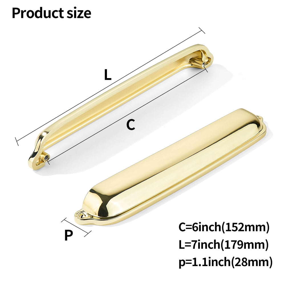 2 Pack Polished Brass Cup Pulls 6 Inch Center to Center - Cabinet & Drawer Handles Hardware