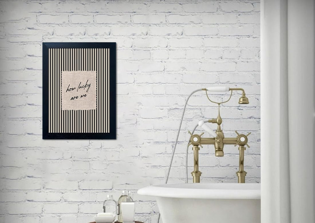 Framed Balck and White Bathroom Canvas Wall Art How Lucky Are We Quote Print Black Striped Painting Modern Minimalist