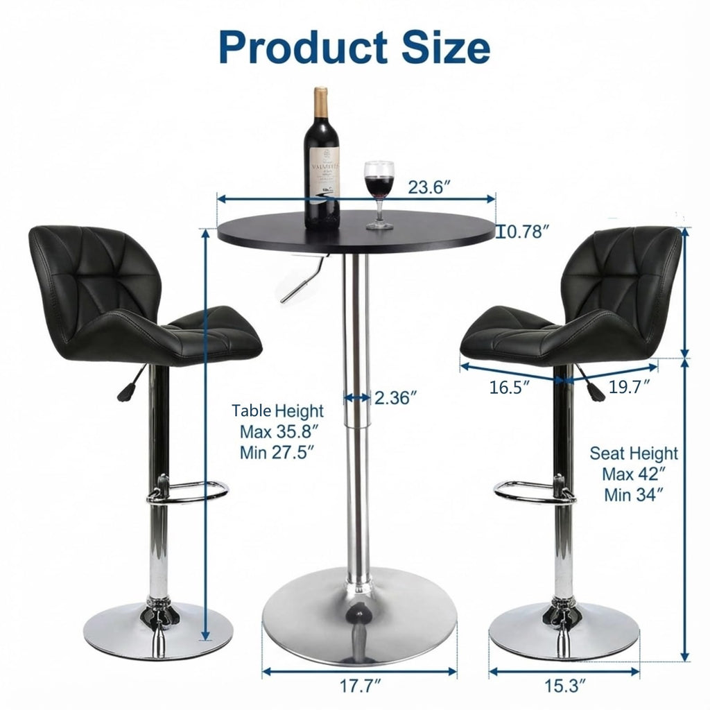 Bar Table and Chairs Set of 3 Swivel Black Pub Table &Bar Stool