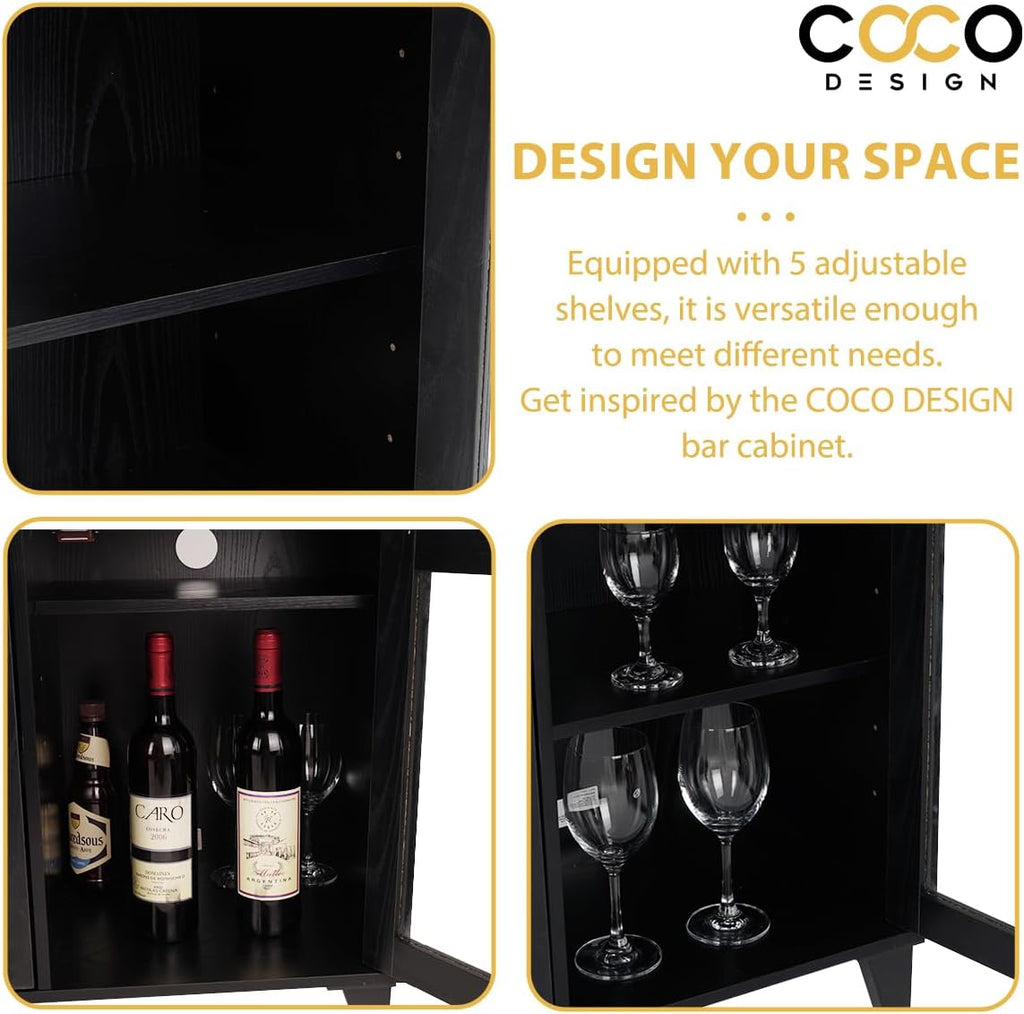Black Wine Bar Cabinet, Glass Door with LED Light & Shelves | Comes With Glass Doors And Interior Light; Adjustable