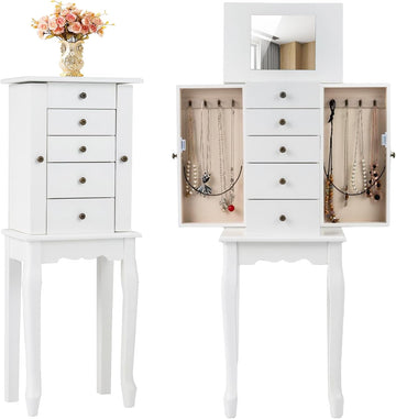 Standing Jewelry Armoire Cabinet with 4 Drawers, Flip Top Mirror, Top Storage Compartments, 2 Side Doors with 8
