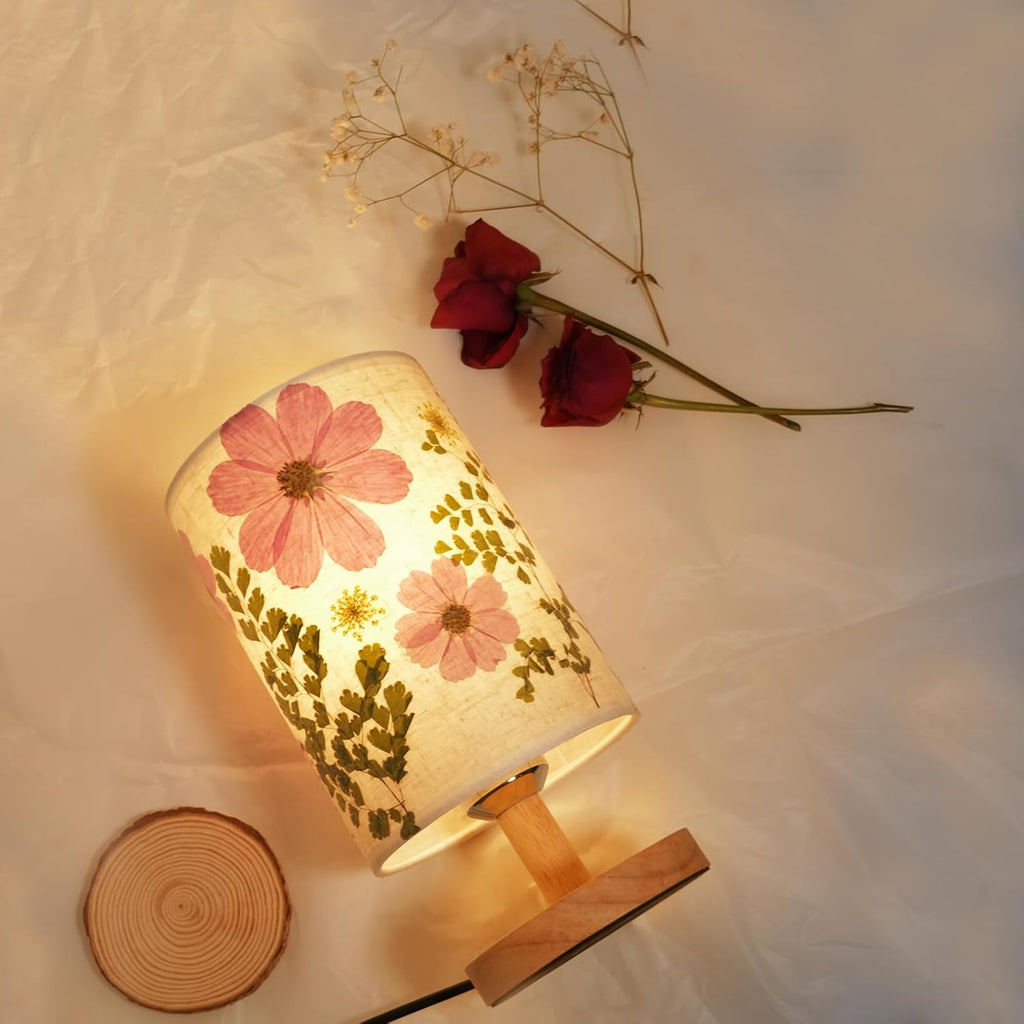 Dried Flowers Small Table Lamp 9W LED Dimmable Warm Light Pressed Flower Bedside Lamp Linen Shade with Wood Base