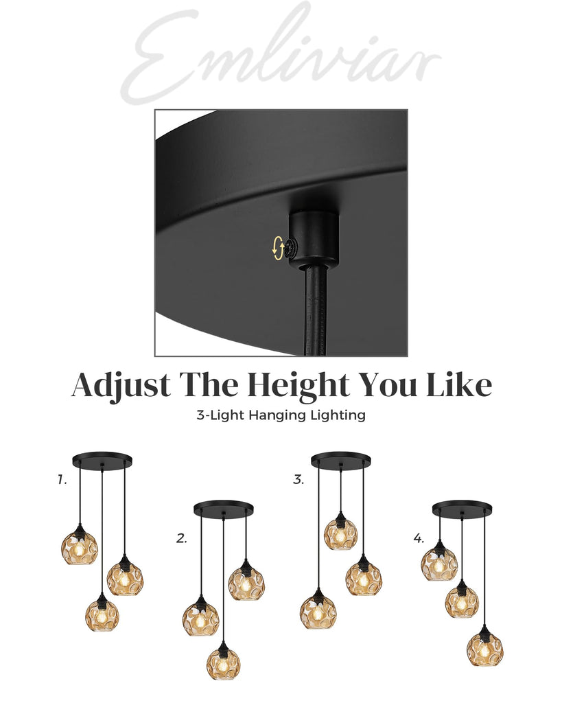 Cluster Pendant Lamp with Hammered Glass, Linear Barn Hanging Pendant Lighting in Amber Finish, DYE287G2-3 BK