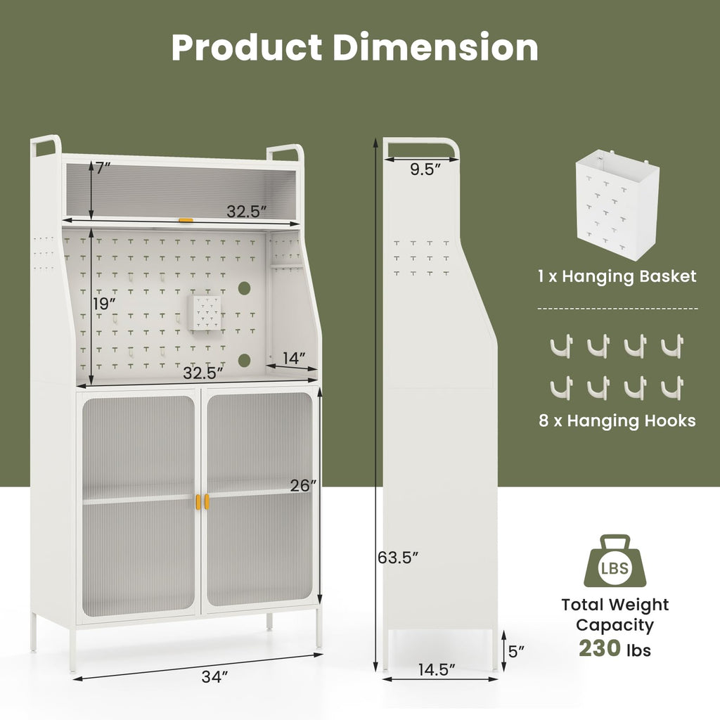 Pantry Organizers and Storage, 63.5" H Kitchen Buffet Cabinet with Hutch, Pegboard, 8 Hooks & 1 Hanging Storage Box