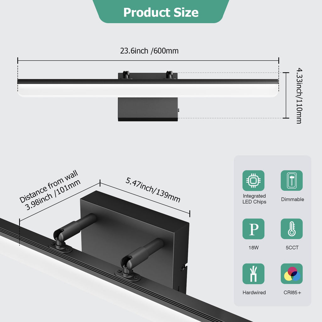 Black Vanity Light 24", 18W LED Bathroom Light Bar with 5CCT, Adjustable Angle & ETL Dimmable Driver - Modern