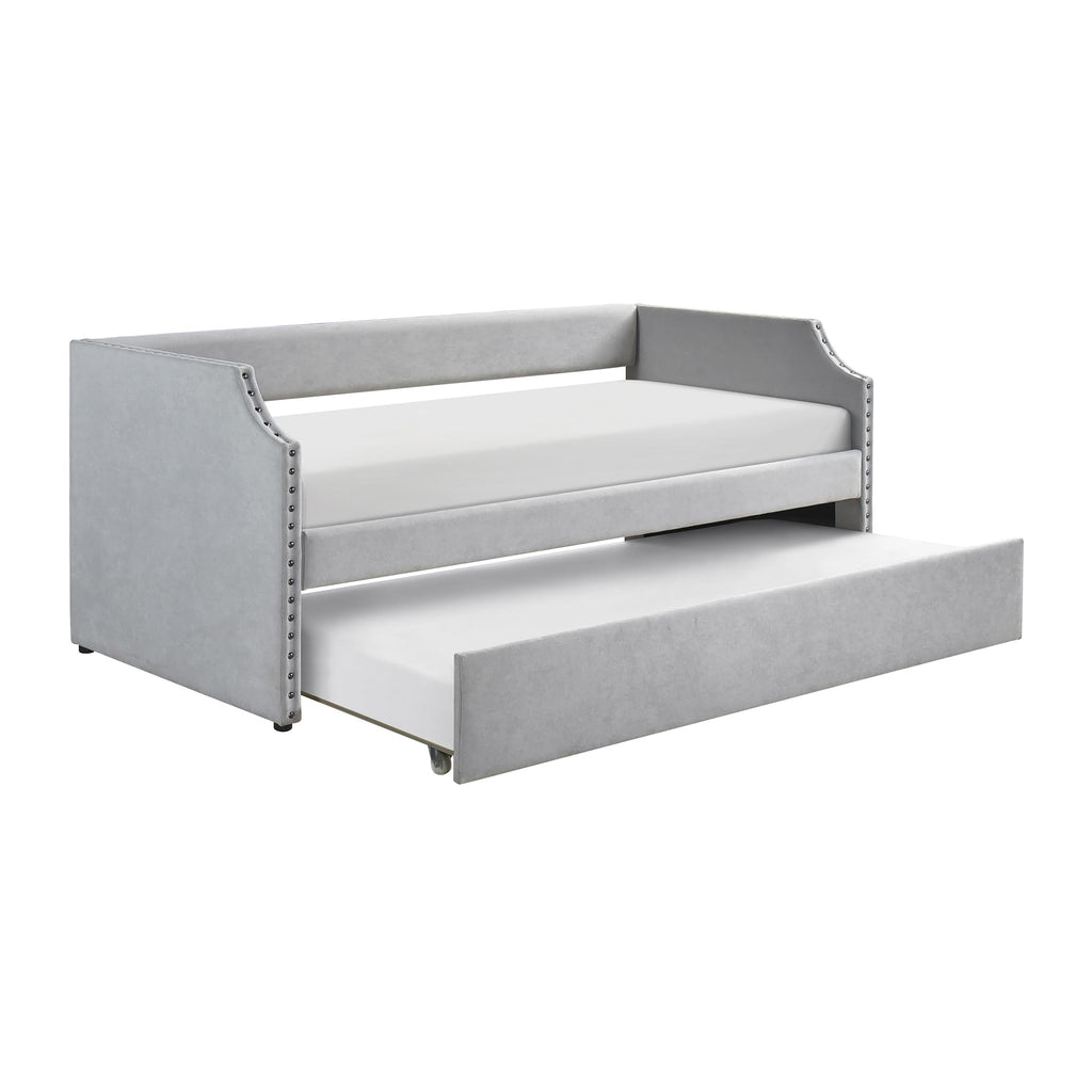 Twin Daybed with Trundle, Nailhead Trim, Fabric, Gray