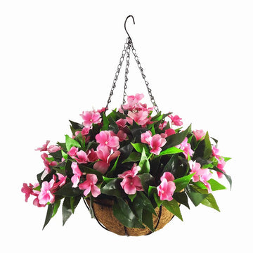 Silk Impatiens Flowers Hanging Coco Basket Artificial Impatiens Flower for Balcony Home Decoration, Rose Red (A Small