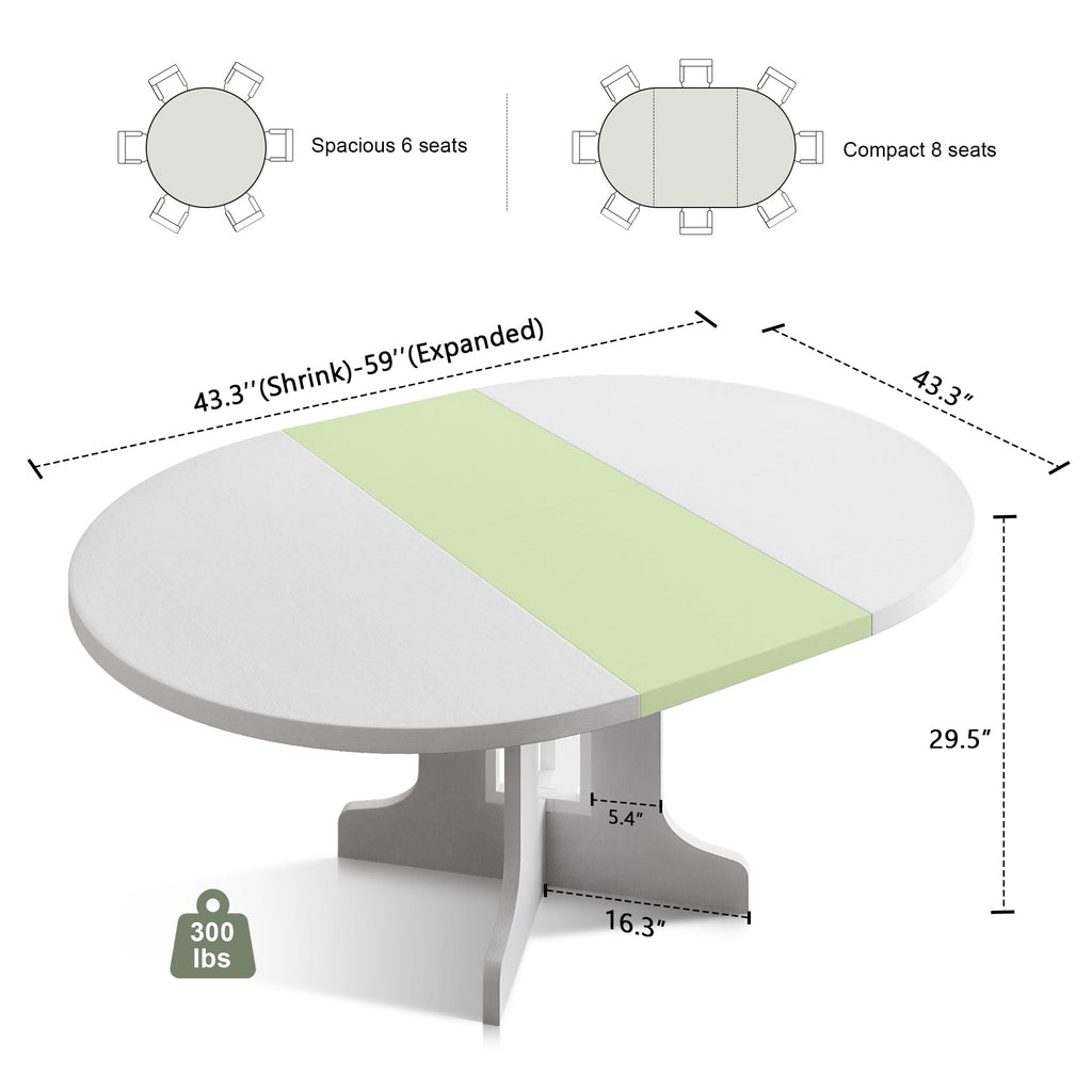 59" Round Extendable Dining Room Table for 6, Modern Oval Kitchen Table with Heavy Duty Wood Base, Dining Living
