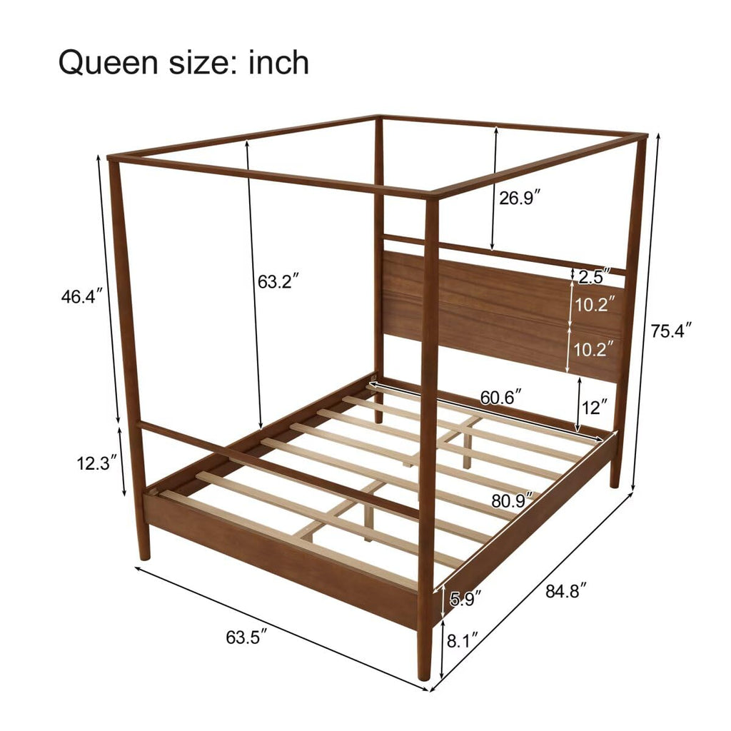 Queen Size Canopy Bed Frame Four Posters Bed No Box Spring Needed, Walnut
