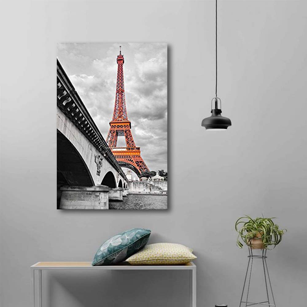 Pop of Color The Eiffel Tower in Paris - Red Color Stands Out Against Black and White Background - Canvas Home