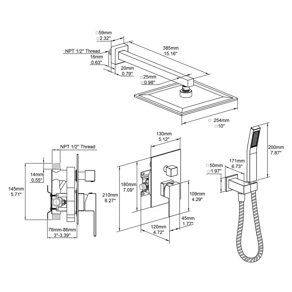 Shower System 10 Inches Rain Shower Combo Set Black Wall Mount Faucet Bathroom Faucets with Rainfall Shower Head and