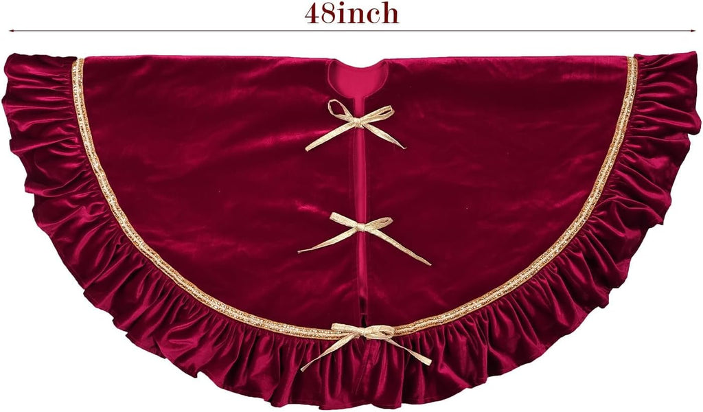 Christmas Tree Skirt: 48 Inch Large Luxury Wine Red Velvet Plush Fur Ruffled Christmas Tree Skirts with Gold Trim