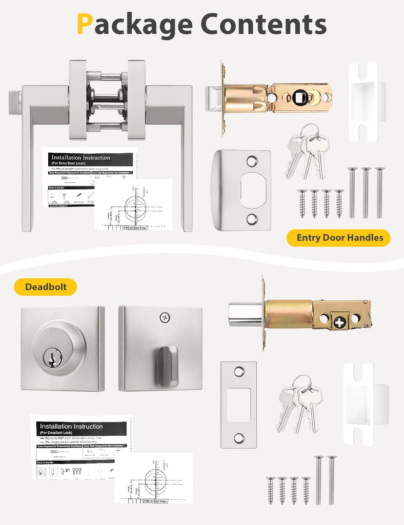 6 Pack Brushed Nickel Keyed Alike Front/Exterior Door Lever with Single Cylinder Deadbolt, Square Entry Door Knob