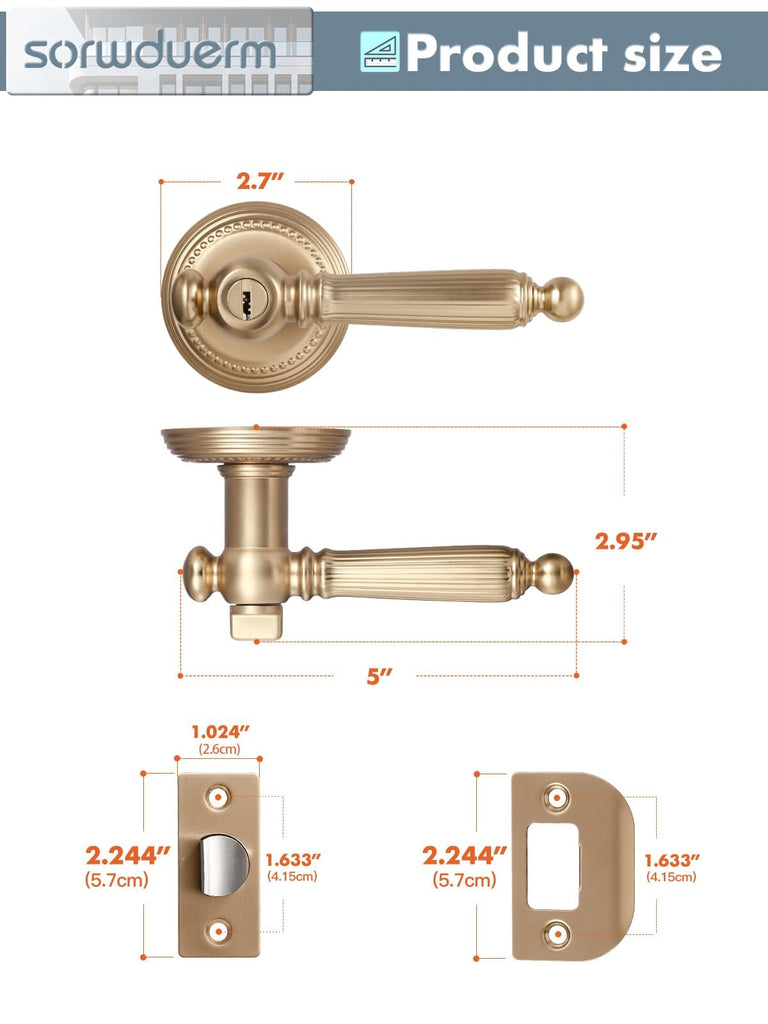 1 Pack Champagne Bronze Door Lever with Lock and Key Entry Door Handle Door Lever Bedroom and Bathroom Zinc Alloy