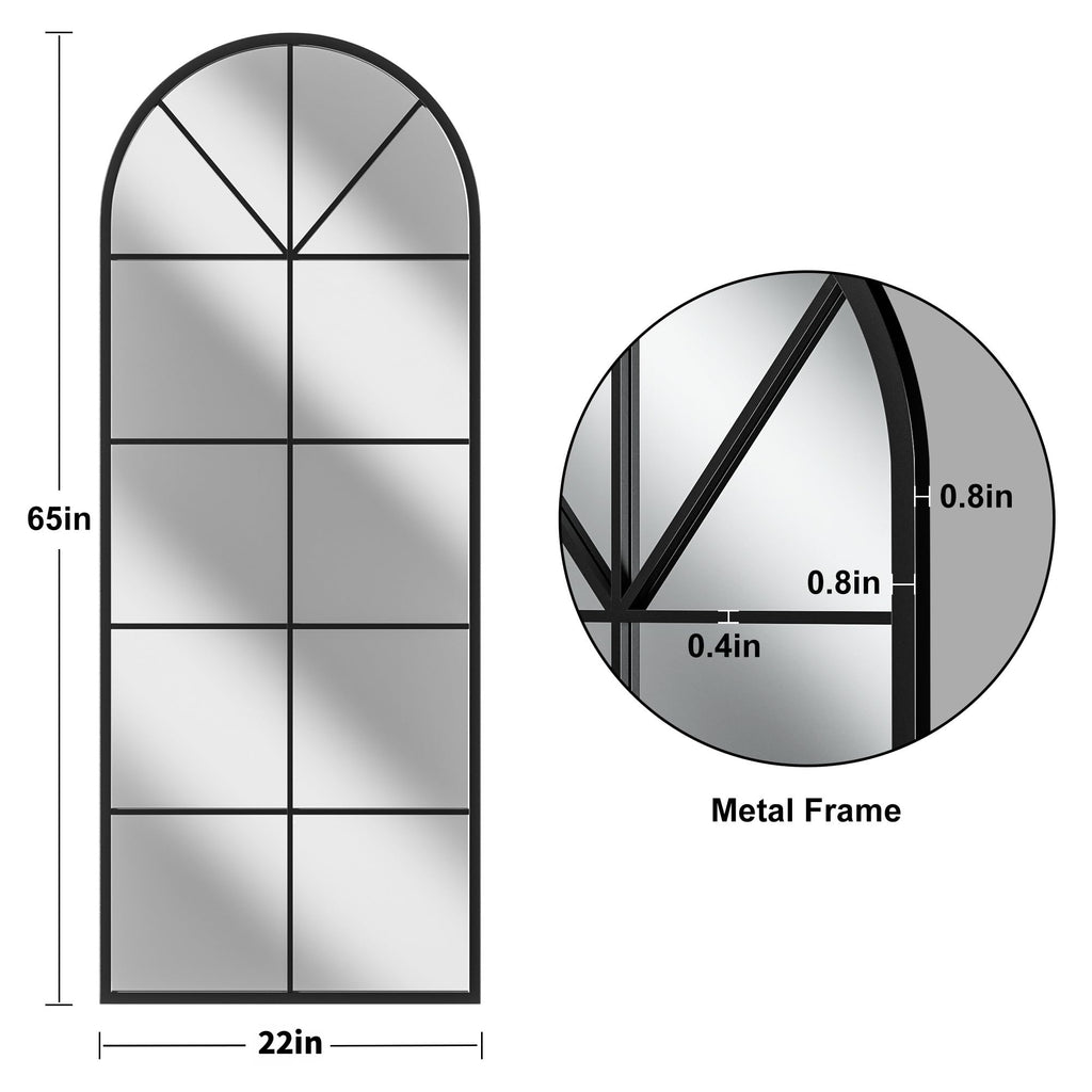 Arched Full Length Mirror, 65"x22" Windowpane Floor Mirror, Black