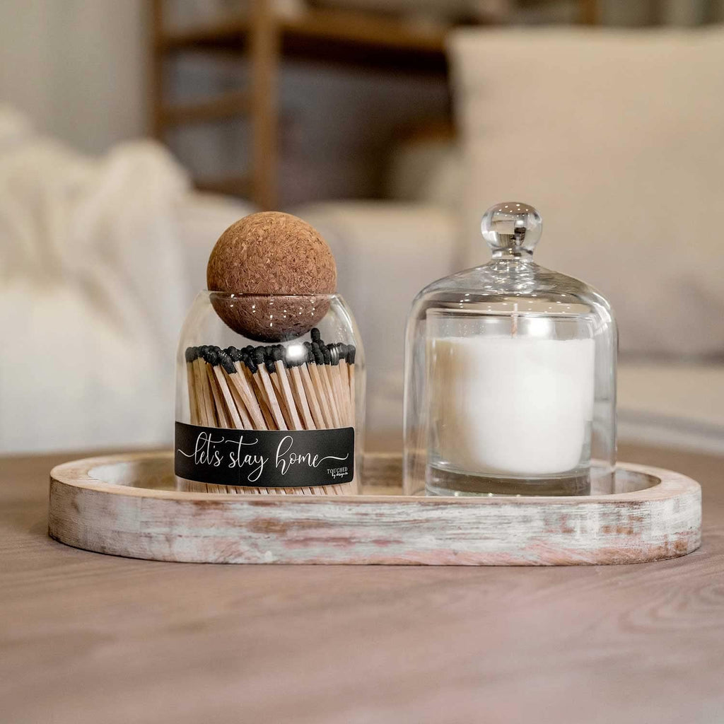 Let's Stay Home Cute Glass Match jar Cloche | Approx 135 Decorative Wooden Black tip Matches for Candles & décor