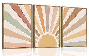 Boho Wall Art, Framed Abstract Wall Art, Sun Rising on the Horizon Neutral Canvas Wall Decor, Mid Century Geometric