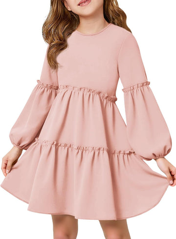 Lantern Long Sleeve Dress Kids Flowy Tiered Ruffle Crewneck A-Line Fall Dresses