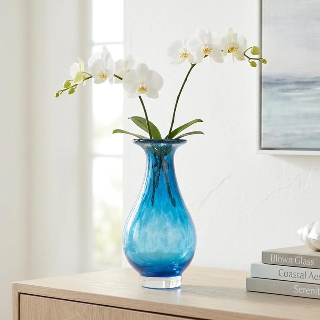 Blue Glass Vase, Hand Blown Wide Mouth Art Glass Vase, Murano Style Decorative Flower Vase Decor, Mantel, Dining