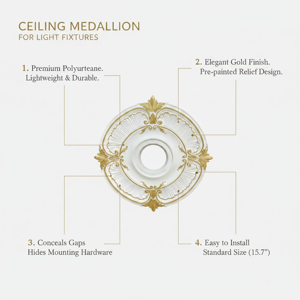 Easy Install Ceiling Medallion for Light Fixtures, Gold Polyurethane Decorative Ring Hides Gaps and Hardware (1 Piece)