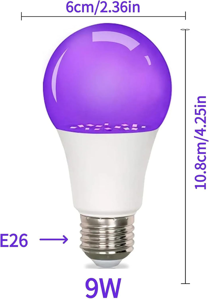 4 Pack LED Black Light Bulb 9W, A19,E26 Base,Party Glow Decor, Non-Dimmable