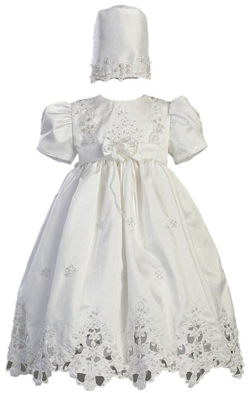 White Shantung Christening Baptism Dress with Cutwork Accents and Bonnet - S