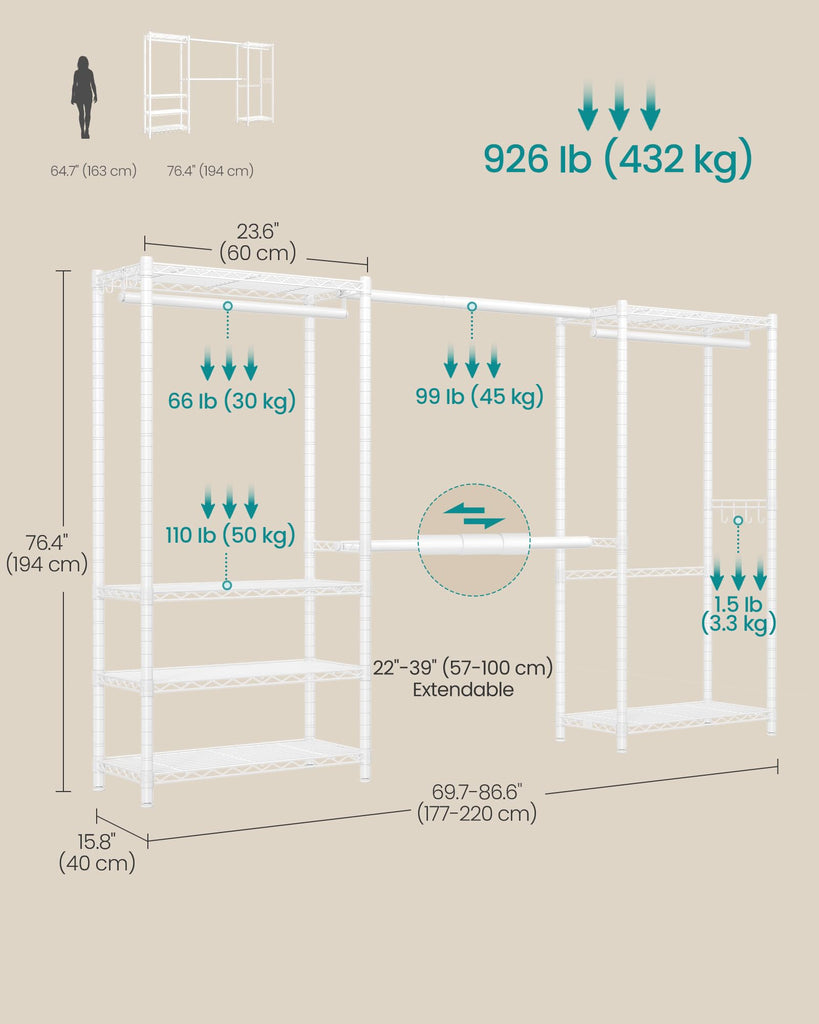 Clothes rack, Adjustable Mesh Shelves and Hanging Rails