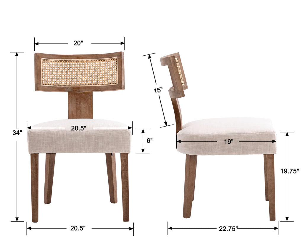 Rattan Dining Chairs Set of 2, Modern Dining Chairs, Kitchen Dining Room Chair, Curved Cane Back Upholstered Linen