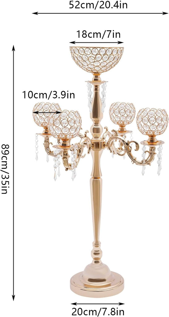 Gold Centerpieces for Table, 5 Arm Crystal Candelabra Holder with Pendant, 4 Candle Slots & 1 Flower Vase, Table