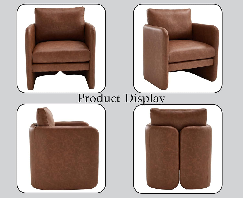 Leather Upholstered Modern Accent Chairs, Mid-Century Barrel Armchairs with Padded Cushion, Comfy Reading - Set of 2