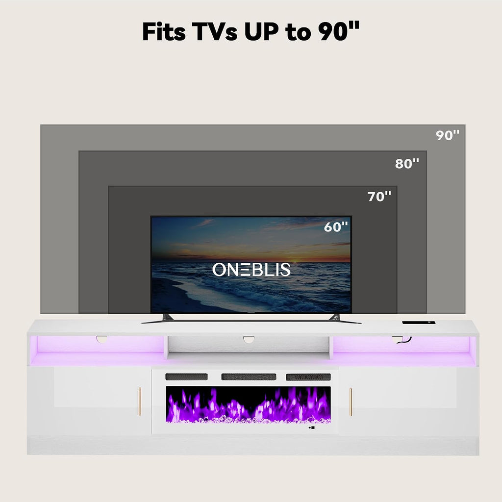 80" Fireplace TV Stand with Power Outlet, Electric Fireplace Entertainment Center with Storage Cabinets, Fits TVs up
