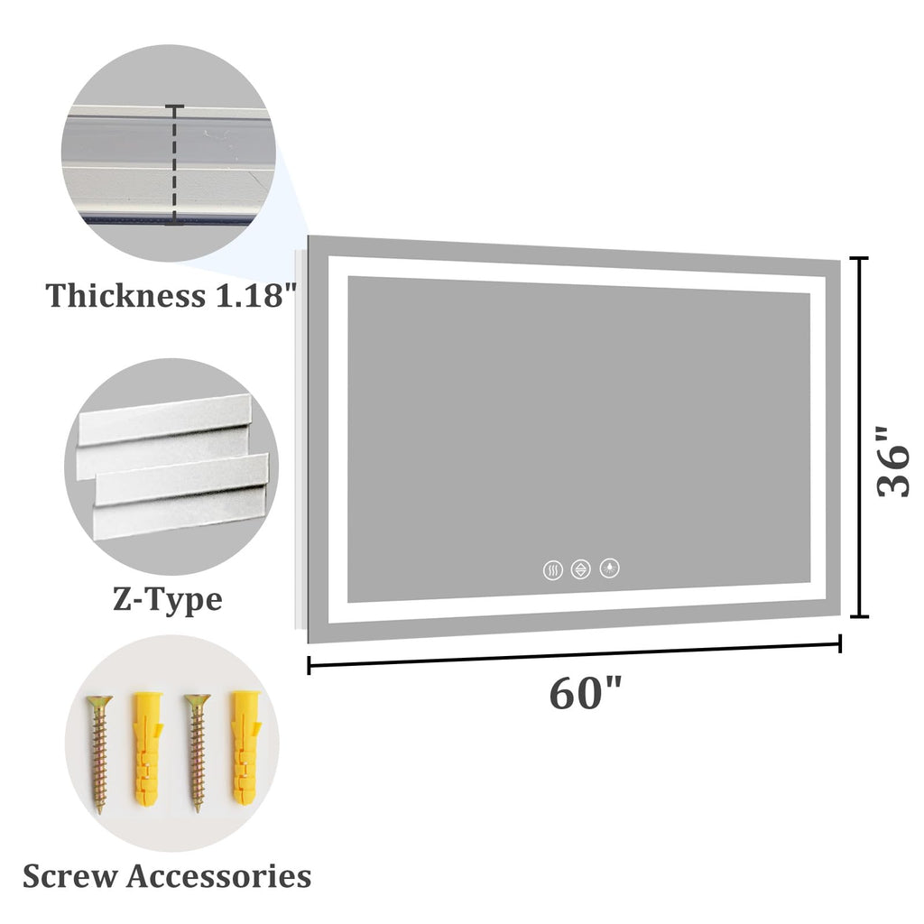 60x36 LED Bathroom Mirror, Shatterproof Mirror with Light
