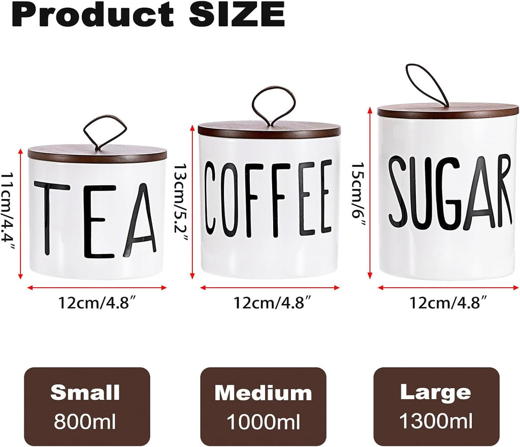 Ceramic Coffee Sugar Tea Canister Set with Lid and Tray - Set of 3