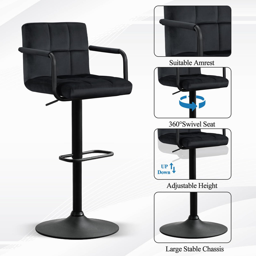 Adjustable Barstools with Back, Black bar stools Set of 2, Velvet 360°Swivel Bar Stools, Double Stitching Counter