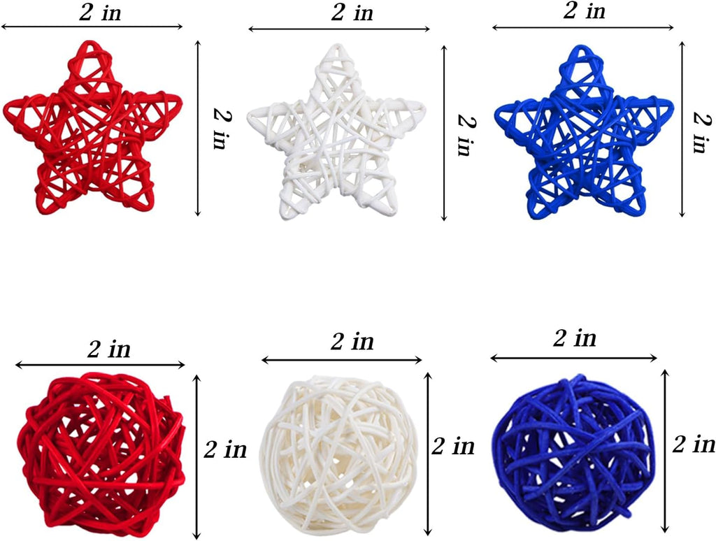 4th of July Rattan Balls Decorations, 2 Inch Star Shaped Wicker Balls & Red White and Blue Wicker Balls - Set of 36