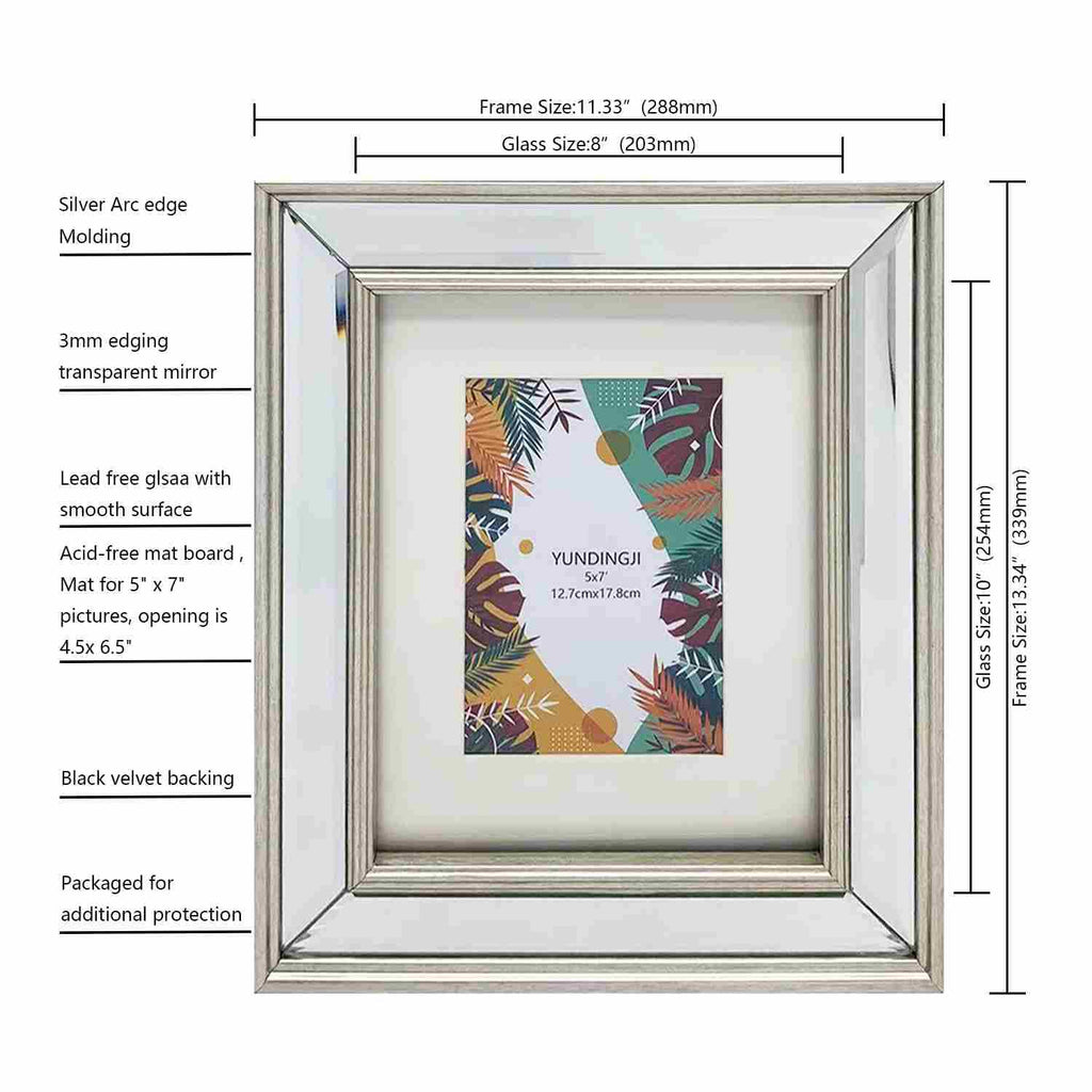 8x10 Mat 5x7 Beveled Clear Mirror Silver Arc edge Photo Frame-Organic Glass Black Velvet Back Panel for