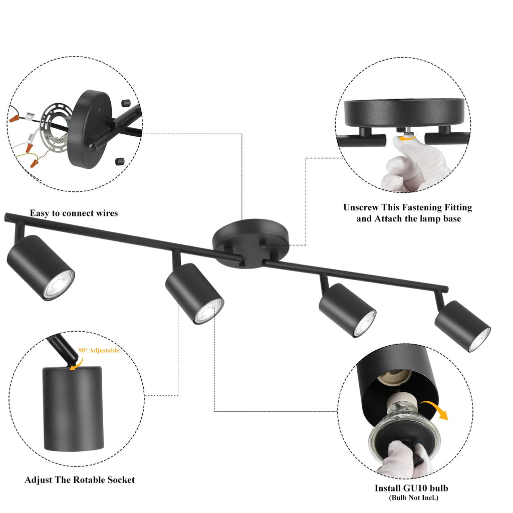LED 4 Light Track Lighting Kit, Black 4 Way Ceiling Spot Lighting, Flexibly Rotatable Light Head, Bulb Not Included