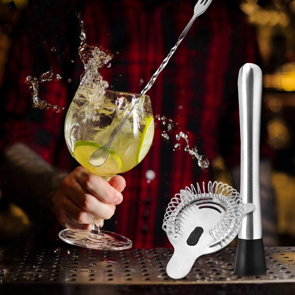 Stainless Steel Cocktail Muddler, Spiral Mixing Spoon & 4-Prong Bar Strainer, Home Bar Bartender's Muddling Tool Set - Set of 3