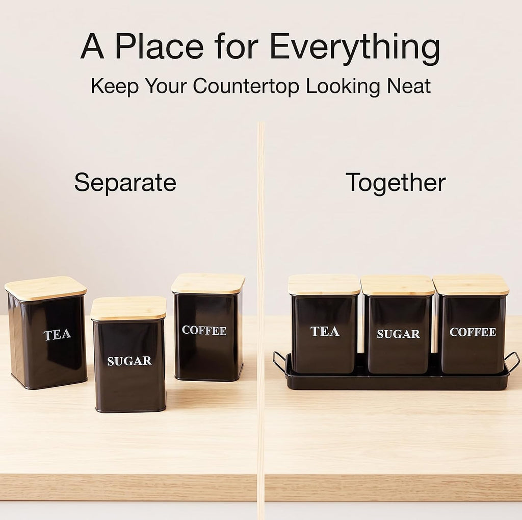 Coffee Tea Sugar Container Set , 50 oz Metal Kitchen Canisters-Black