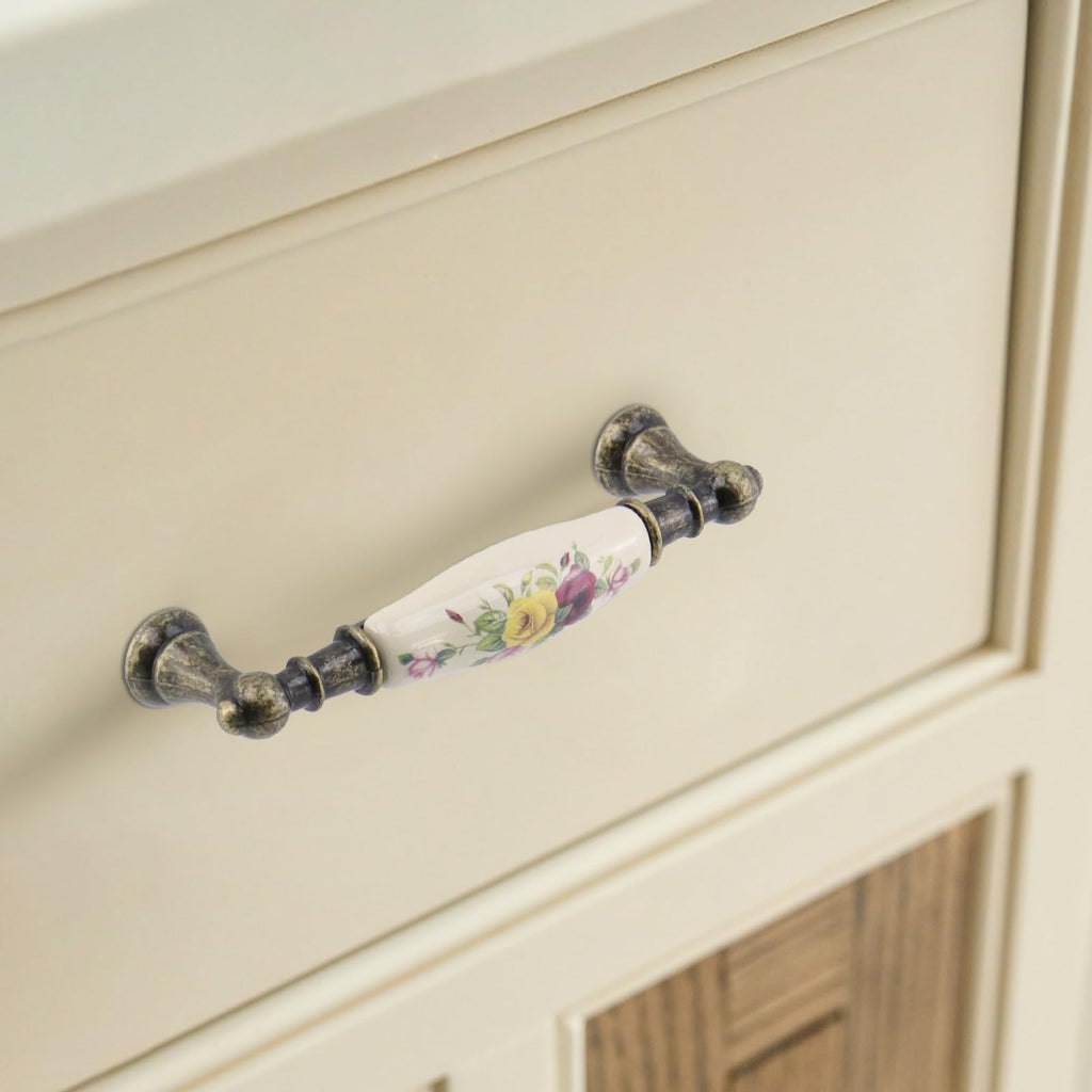 6pcs Floral Ceramic Cabinet Pulls, 3.78" Holes Center to Center