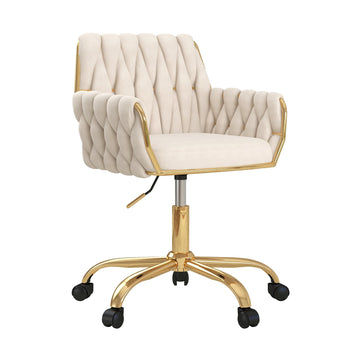 Velvet Home Office Chair, Modern Height-Adjustable Vanity Chair with Golden Base and Hand-Woven Backrest