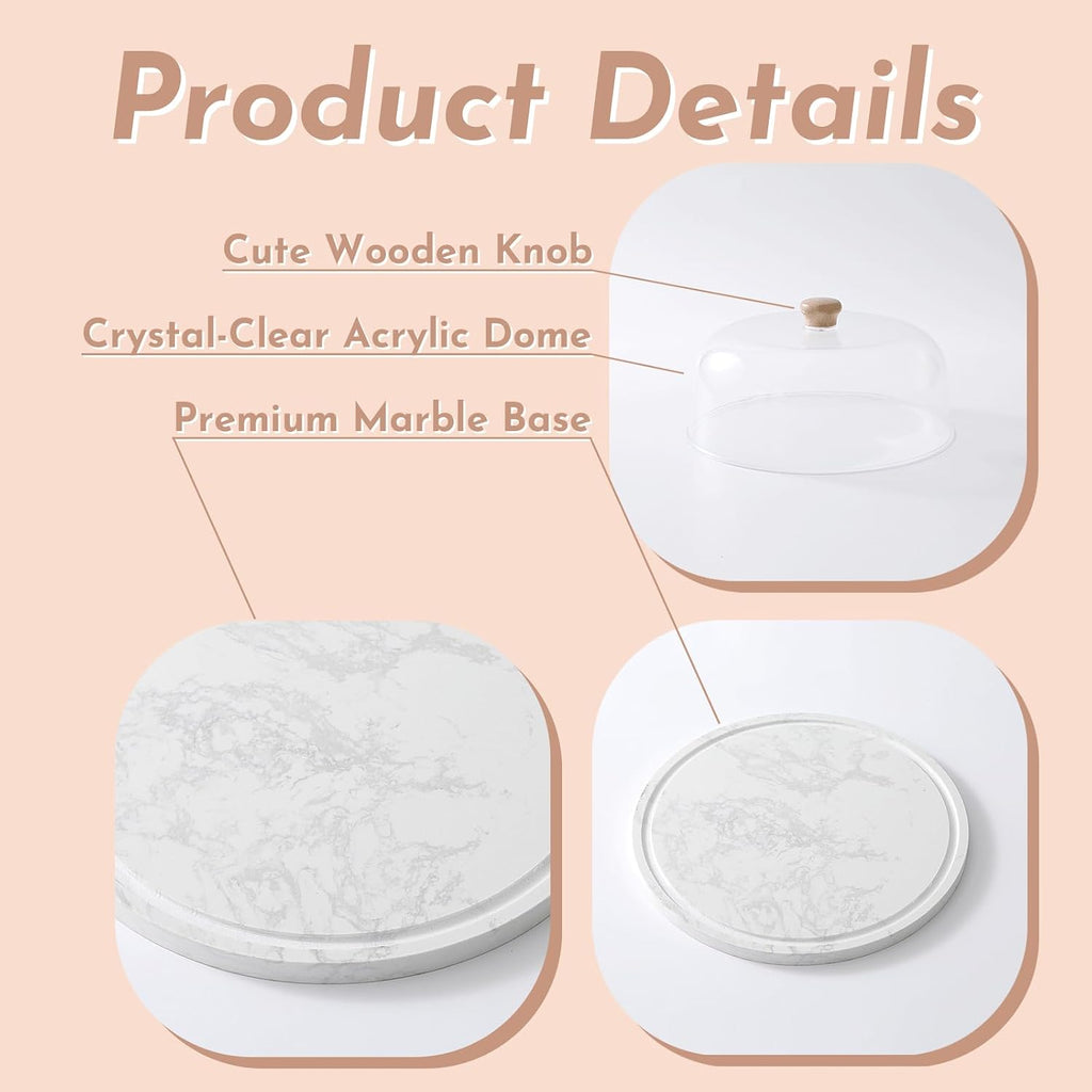 Marble Cake Stand with Acrylic Dome Lid, Cake Holder with Lid, Cake Plate Board for Party, Wedding, Cake Display