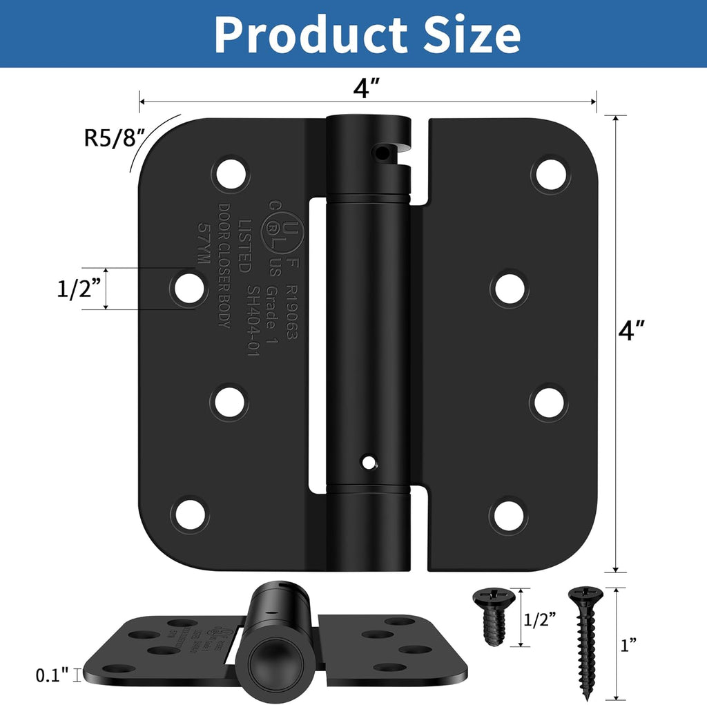 4 Inch Self Closing Door Hinges, 5/8" Radius Corners Spring Loaded Hinges , Garage, Front and Back Door, UL Listed