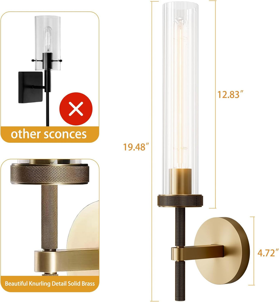Farmhouse Chandelier with Glass Tube, Gold 6-Lights Wagon Wheel Chandeliers,Gold sconces Wall Lighting, 19" Knurling Brass Wall Sconces Set of Two A114-B0D7VK6WV8