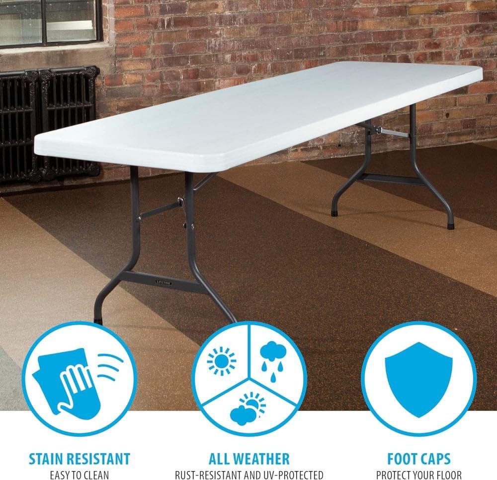 8-Foot Commercial Folding Table, White Granite HDPE Top, Steel Frame