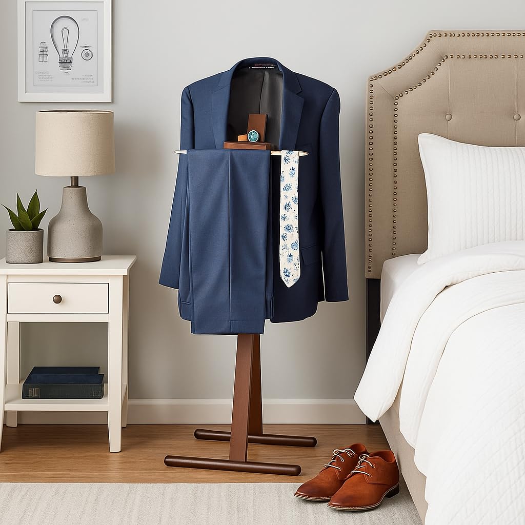 Josh Freestanding Wooden Valet Stand Organizer with Tray, Hanger, Trouser Bar, Walnut